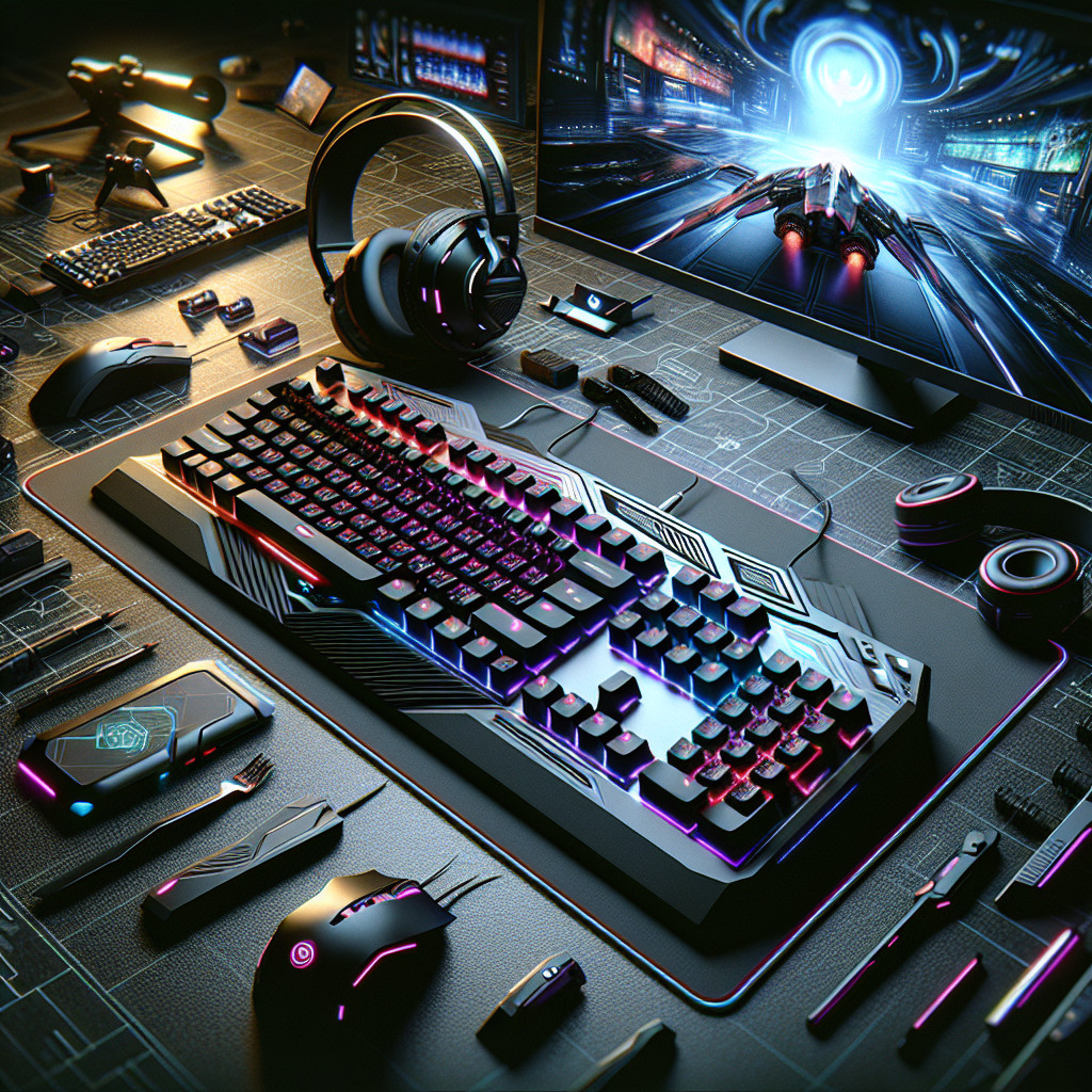 Visualize a professional gaming setup featuring a futuristic keyboard marked by its high technological attributes. Depict the keyboard as sleek and stylish, with vibrant backlight that creates an ambient atmosphere, embodying the essence of high-powered gaming. It's ergonomically designed, with neatly arranged keys perfect for rapid response and comfort during long hours of play. Accessories such as headphones, mouse, and a high-resolution monitor enhance the setup. Illustrate a dynamic gaming scene in the background, with vivid colors and contours signifying the adrenaline rush associated with high-intensity gaming. Remember, this is not a product from any specific brand, but rather an imaginative portrayal of the ultimate gaming gear.