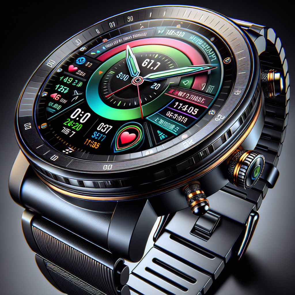 Visualize an affordable high-tech smartwatch with a sleek design. It boasts a piercingly bright and colorful circular touchscreen, with a clear, ultra-high-resolution interface. Vital indicators reside on the watch face: time, heart rate, and step count. The rim of the watch is intricately adorned with minute indices and large numerals at quarterly intervals. It incorporates modern functionality, showing incoming notifications from a paired smartphone. The band of the smartwatch is made from comfortable, durable material, appropriately suitable for wearing during athletic activities. The image combines elegance and technology, demonstrating why it's considered a top choice in the world of affordable smart fitness watches.
